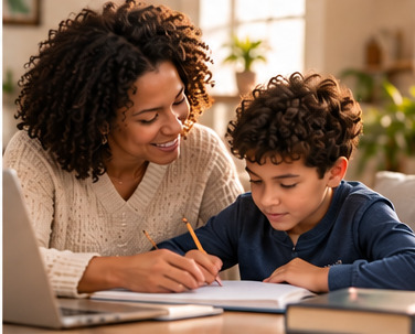 Parent helping child with schoolwork at home