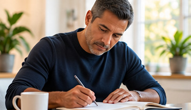 Adult writing a personal action plan at a table