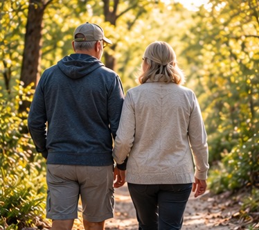 Older couple walking together on a wooded path